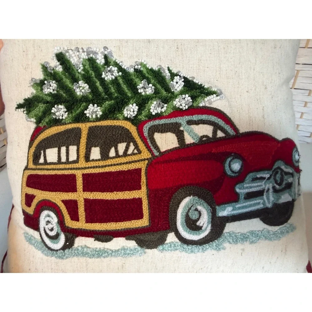 Embroidered Christmas Tree Wagon Car‎ Throw Pillow Red Plaid Back Holiday Decor